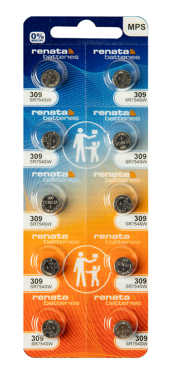 Renata: Renata Silver Oxide Battery, 309, SR754SW, SR48, 7.9mm x 5.4mm - Strip of 10 - Renata