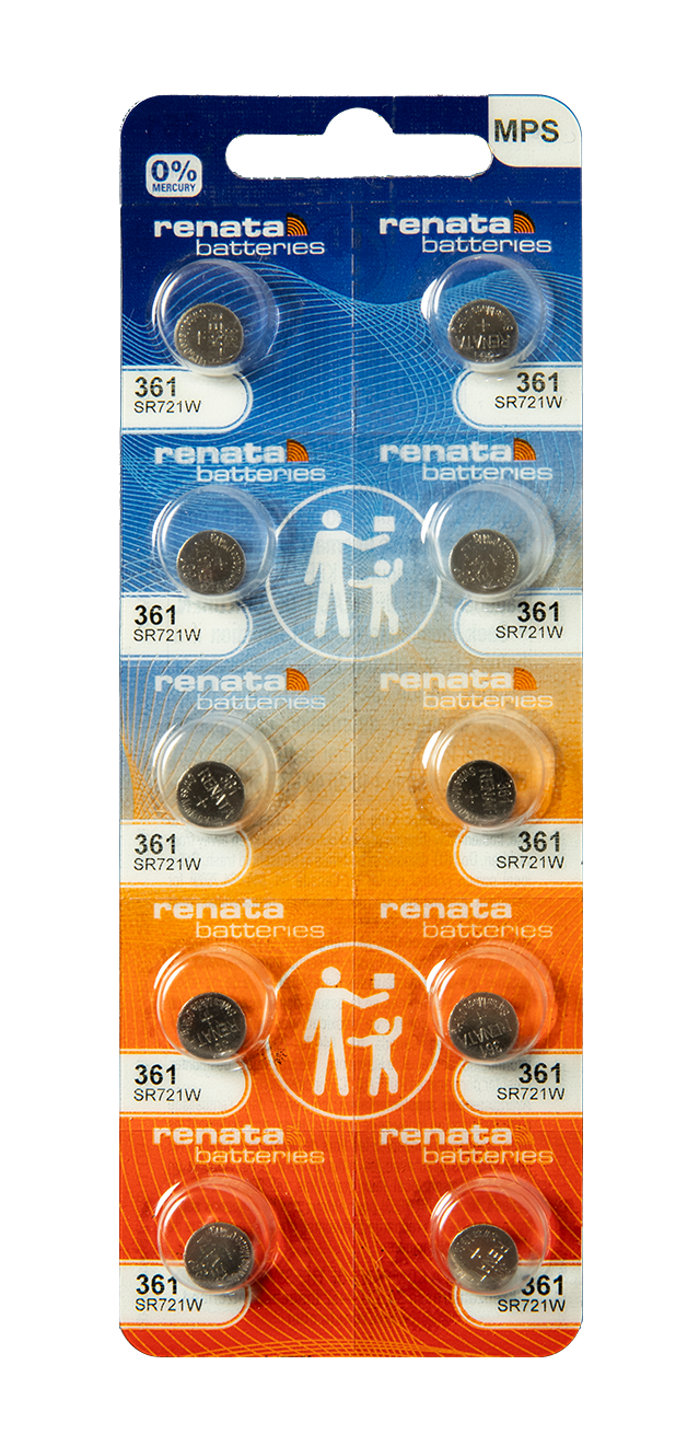 Renata: Renata Silver Oxide Battery, 361, SR721W, SR58, 7.9mm x 2.1mm - Strip of 10 - Renata