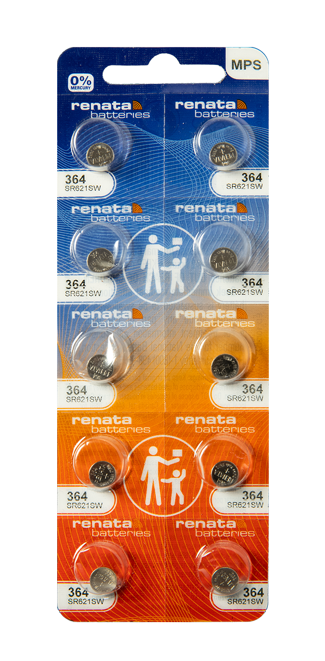 Renata Silver Oxide Battery, 364, SR621SW, SR60, 6.8mm x 2.15mm - Strip of 10