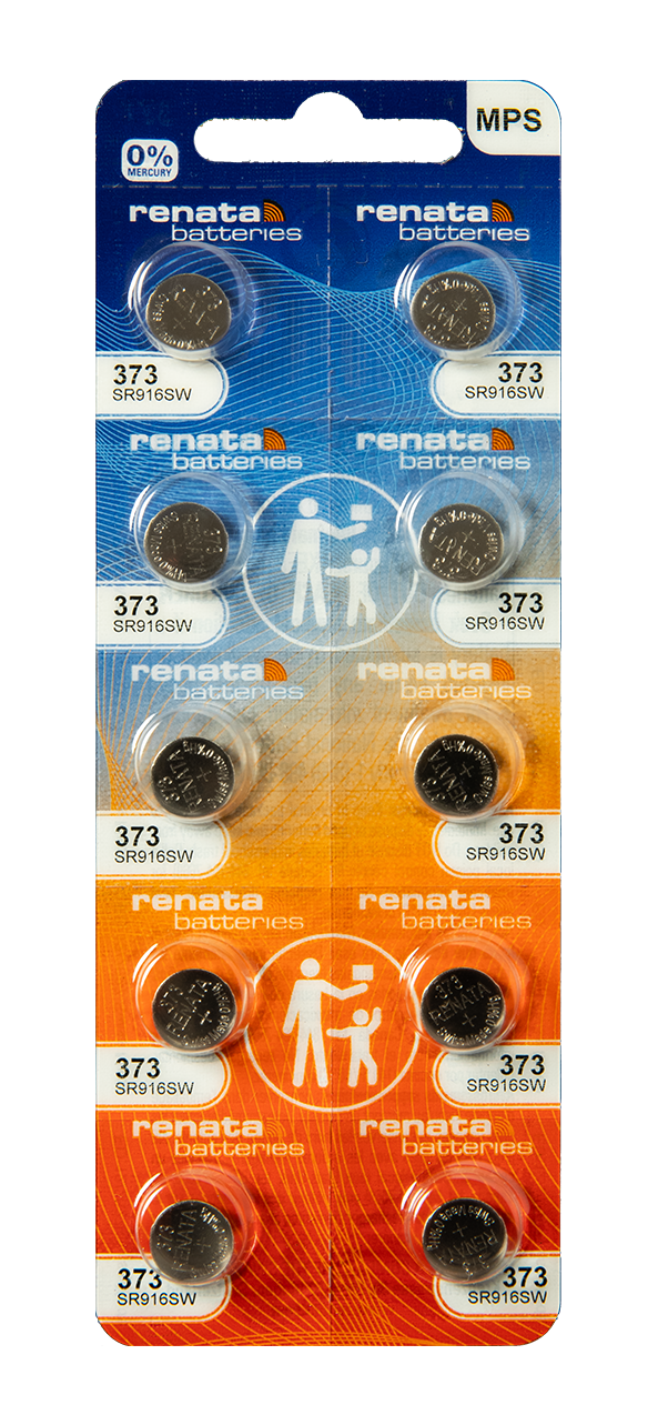 Renata Silver Oxide Battery, 373, SR916SW, SR68, 9.5mm x 1.65mm - Strip of 10