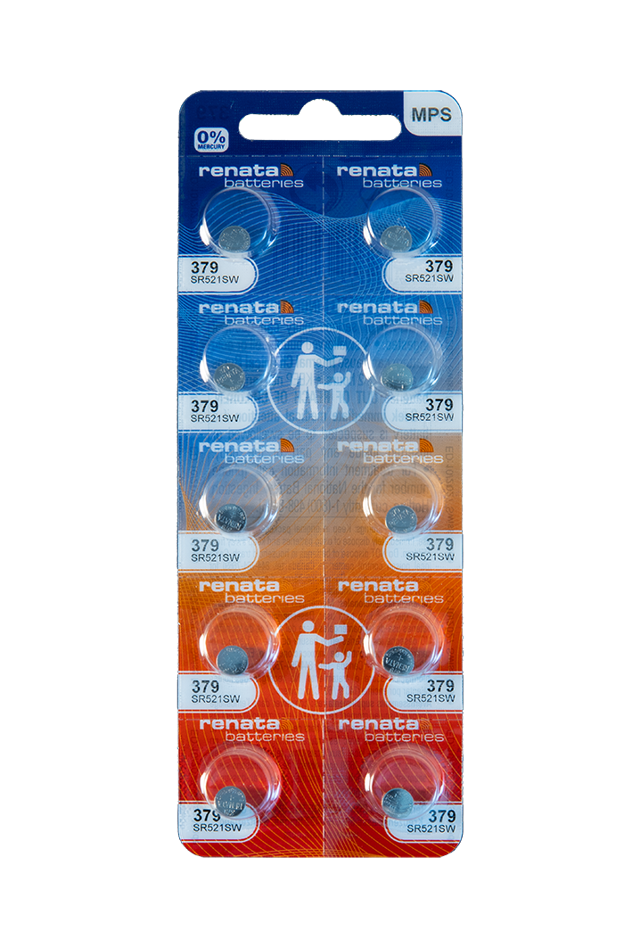 Renata Silver Oxide Battery, 379, SR521SW, SR63, 5.8mm x 2.15mm - Strip of 10