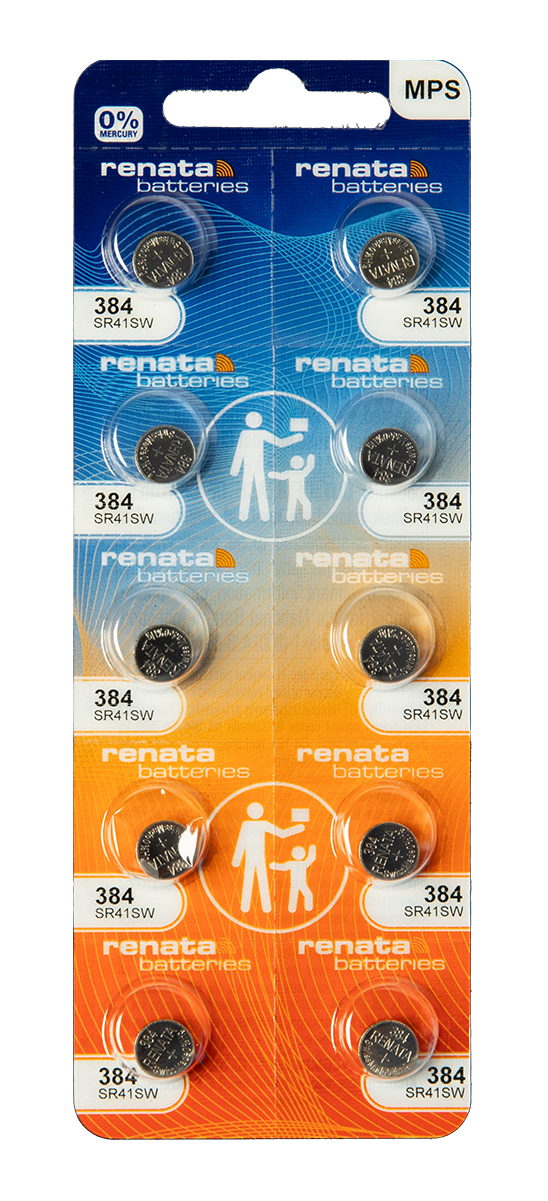 Renata: Renata Silver Oxide Battery, 384, SR736SW, SR41, 7.9mm x 3.6mm - Strip of 10 - Renata