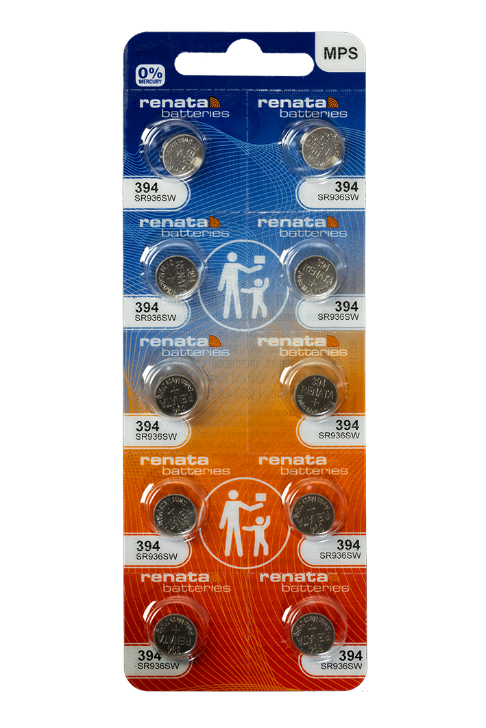 A pack of Renata Silver Oxide Batteries, model 394, displaying multiple batteries aligned in a row with the brand and model details.