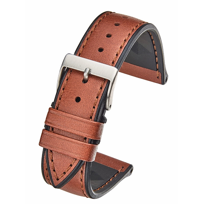 Leather/Silicone Lining Watch Band, Brown, 22mm