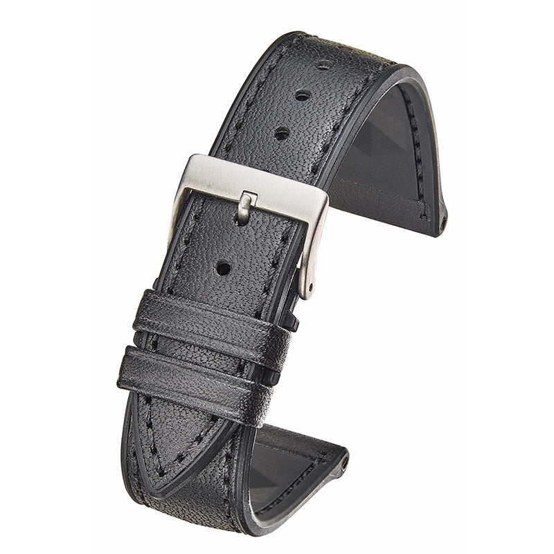 Leather/Silicone Lining Watch Band, Black, 22mm