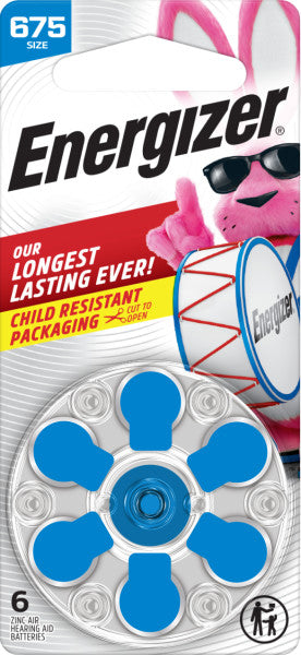 Energizer Zinc  Battery, 675, 11.6mm x 5.4mm, 6 Pieces
