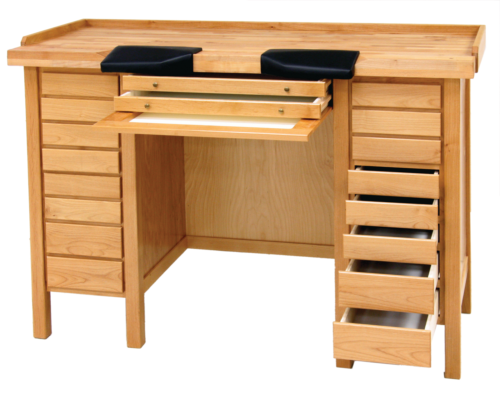 Watchmaker's Benches: Watchmaker's Bench, Double Bank, Oak, Fixed Armrests, USA - Jules Borel