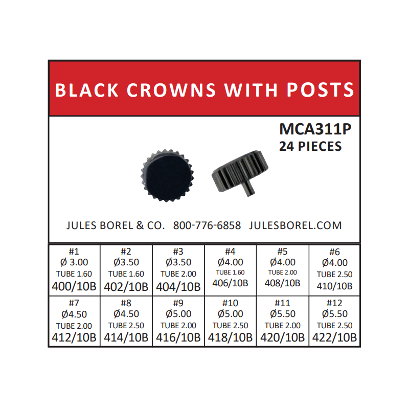 Crown Assortments: Black Crown Assortment with Posts, 24 Pieces, MCA311P - Jules Borel