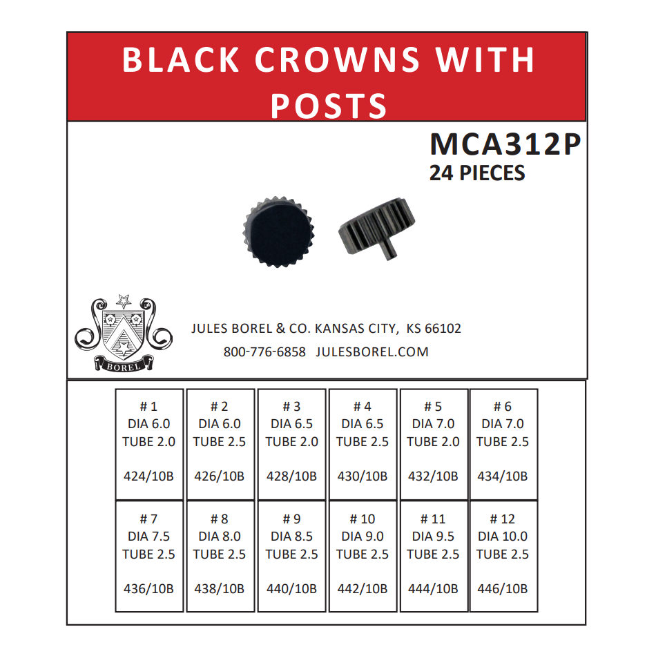 Crown Assortments: Black Crown Assortment with Posts, 24 Pieces, MCA312P - Jules Borel