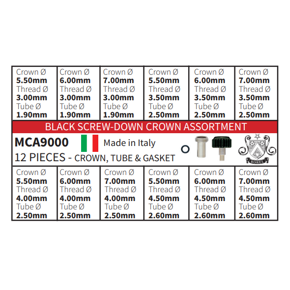 Black Screw-Down Crown Assortment, 12 Pieces - MCA9000