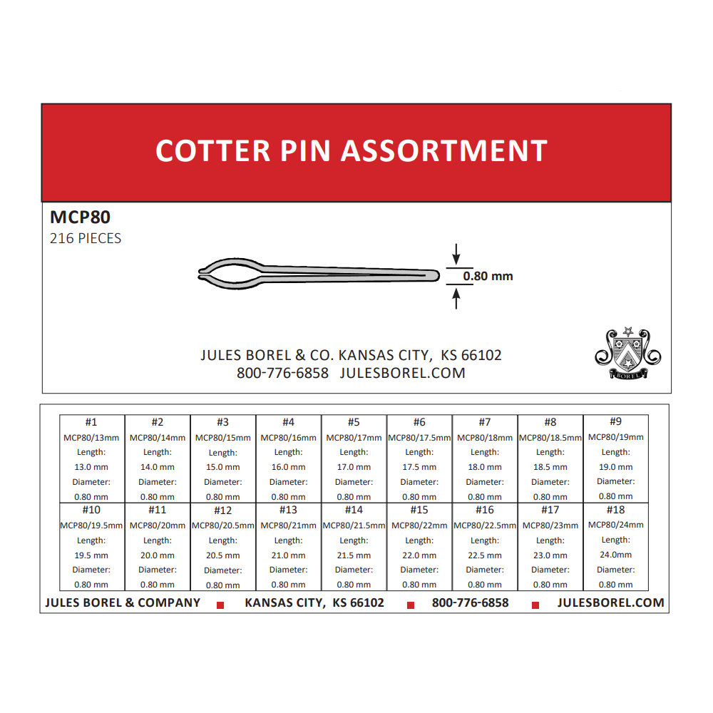 Band Pin Assortments: Cotter Pin Assortment, Diameter 0.80mm, 216 Pieces - Jules Borel