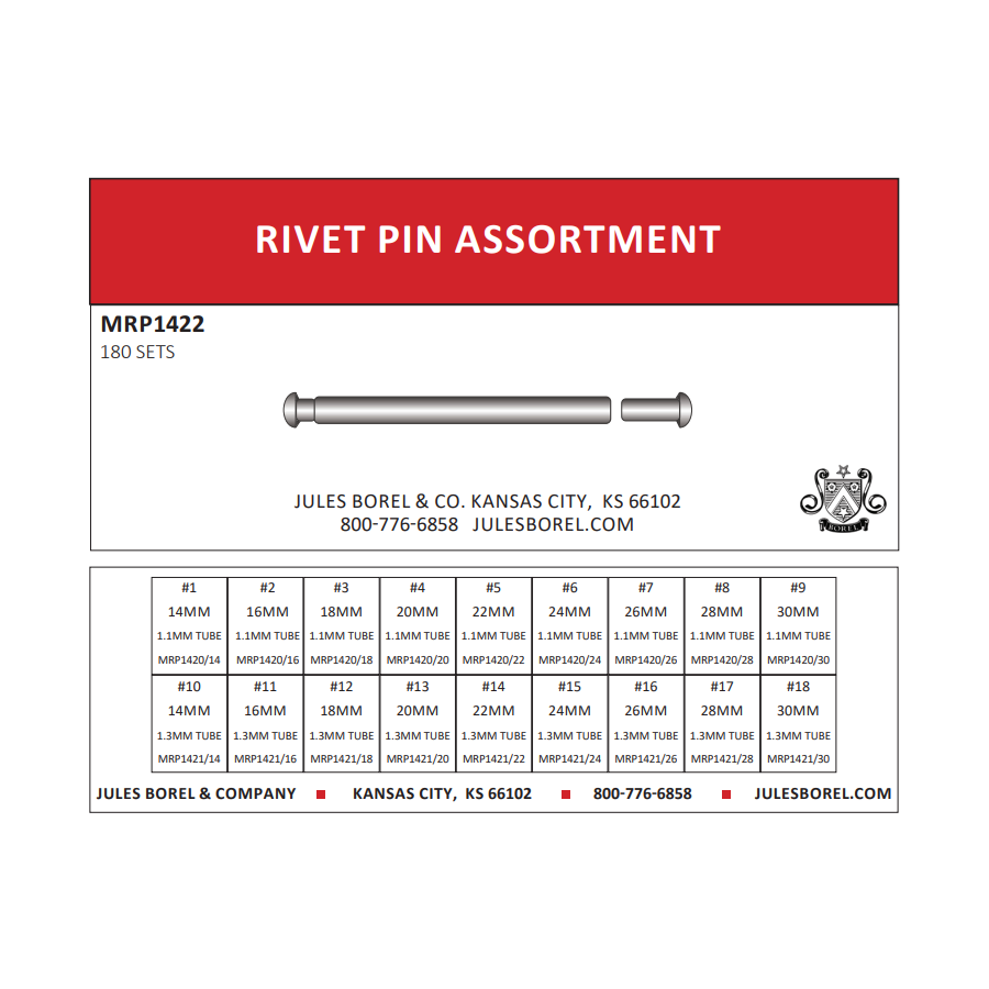 Rivet Pin Assortments: Rivet Pin Assortment, 1.10mm/1.30mm Tube Diameters, 180 Sets - Jules Borel