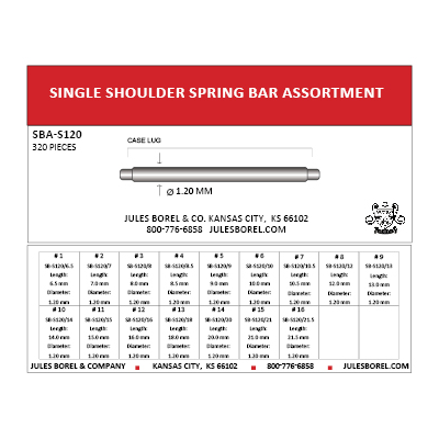 Spring Bar Assortments: Single Shoulder Spring Bars, 1.20mm, 6.5–21.5mm Lug Sizes, 360 Pieces - Jules Borel