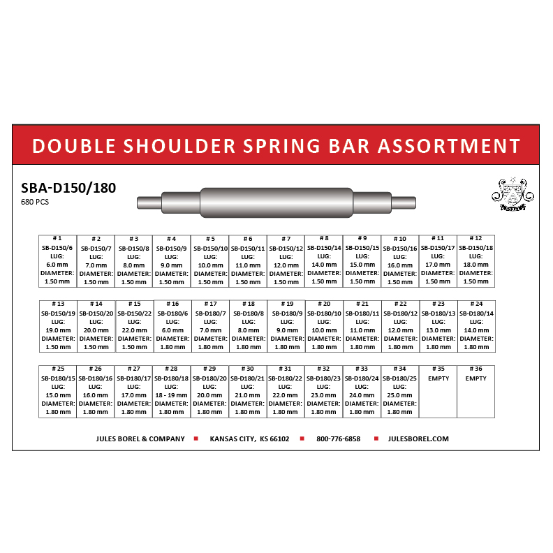 Spring Bar Assortments: Thin Double Shoulder Spring Bars, 1.50mm, 6–22mm Lug Sizes - Jules Borel
