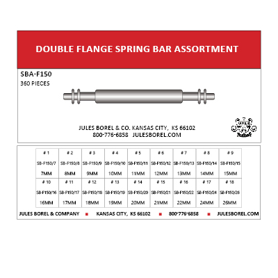 Spring Bar Assortments: Double Flange Spring Bars, 1.50mm, 7–26mm Lug Sizes, 360 Pieces - Jules Borel
