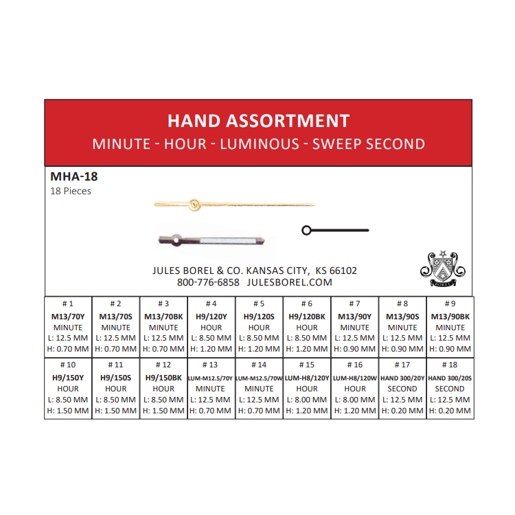 Hand Assortments: Hand Assortment, Minute, Hour, Luminous, Sweep Second, 18 Pieces - Jules Borel