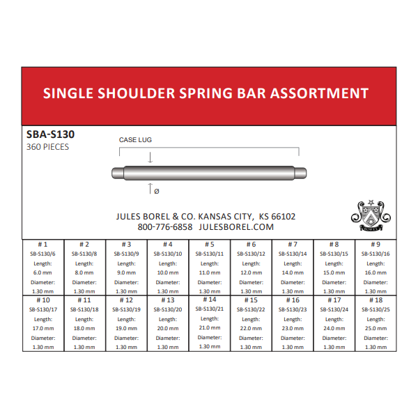 Single Shoulder Spring Bars, 1.30mm, 6–25mm Lug Sizes, 360 Pieces