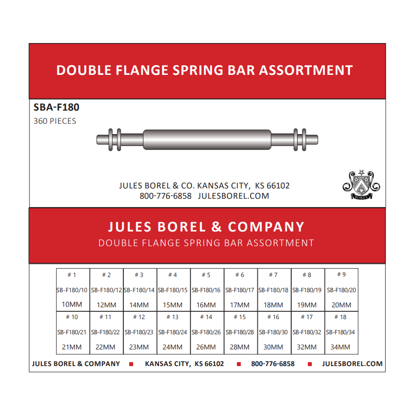 Spring Bar Assortments: Double Flange Spring Bars, 1.80mm, 10–30mm Lug Sizes, 360 Pieces - Jules Borel