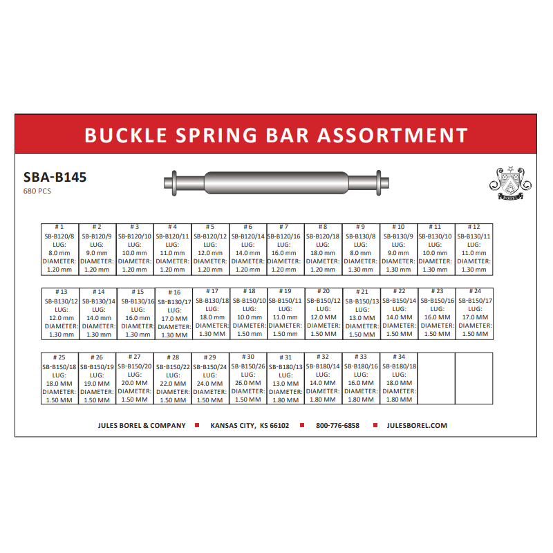 Spring Bar Assortments: Buckle Spring Bars, 8–18mm Lug Sizes, 680 Pieces - Jules Borel