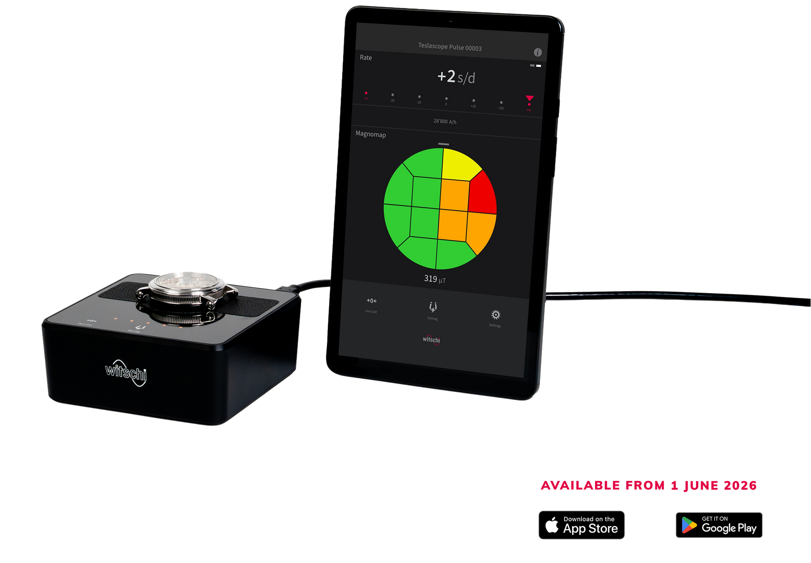 Black electronic device with a screen displaying a color wheel and app store logos at the bottom.