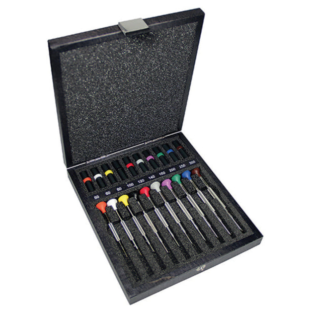 bergeon-30081-a10-assortment-of-10-screwdrivers-with-spare-blades-in-plastic-tubes-in-wooden-case