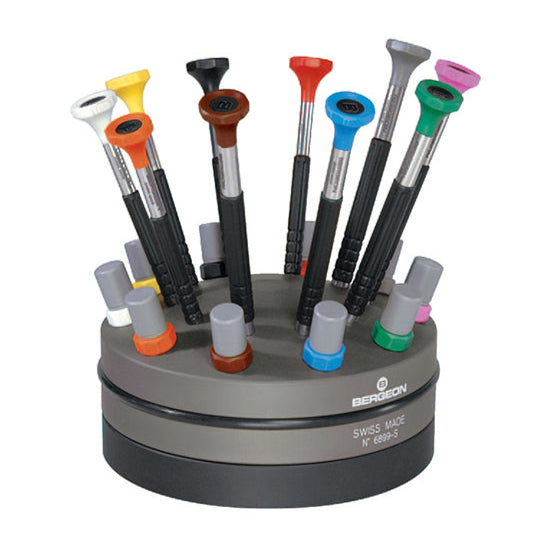 bergeon-6899-s10-ergonomic-screwdrivers-in-stainless-steel-rotating-stand-with-10-screwdrivers